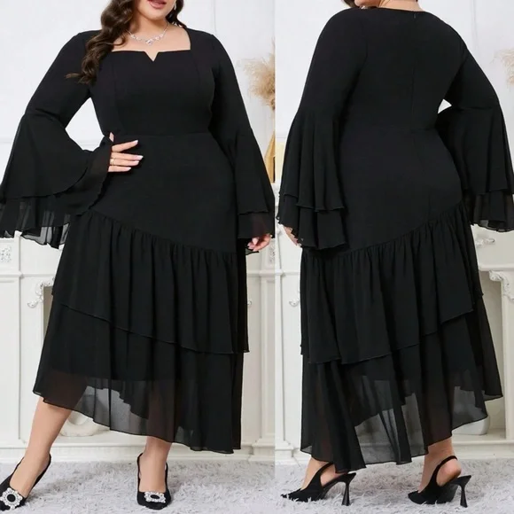 ⬇️SHEINCurve+ Black Asymmetrical Ruffled Cocktail Dress - Picture 1 of 5